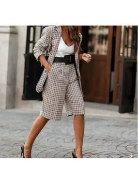 ZARA Beige Black Houndstooth Plaid Oversized Bermuda Shorts Office Corporatewear